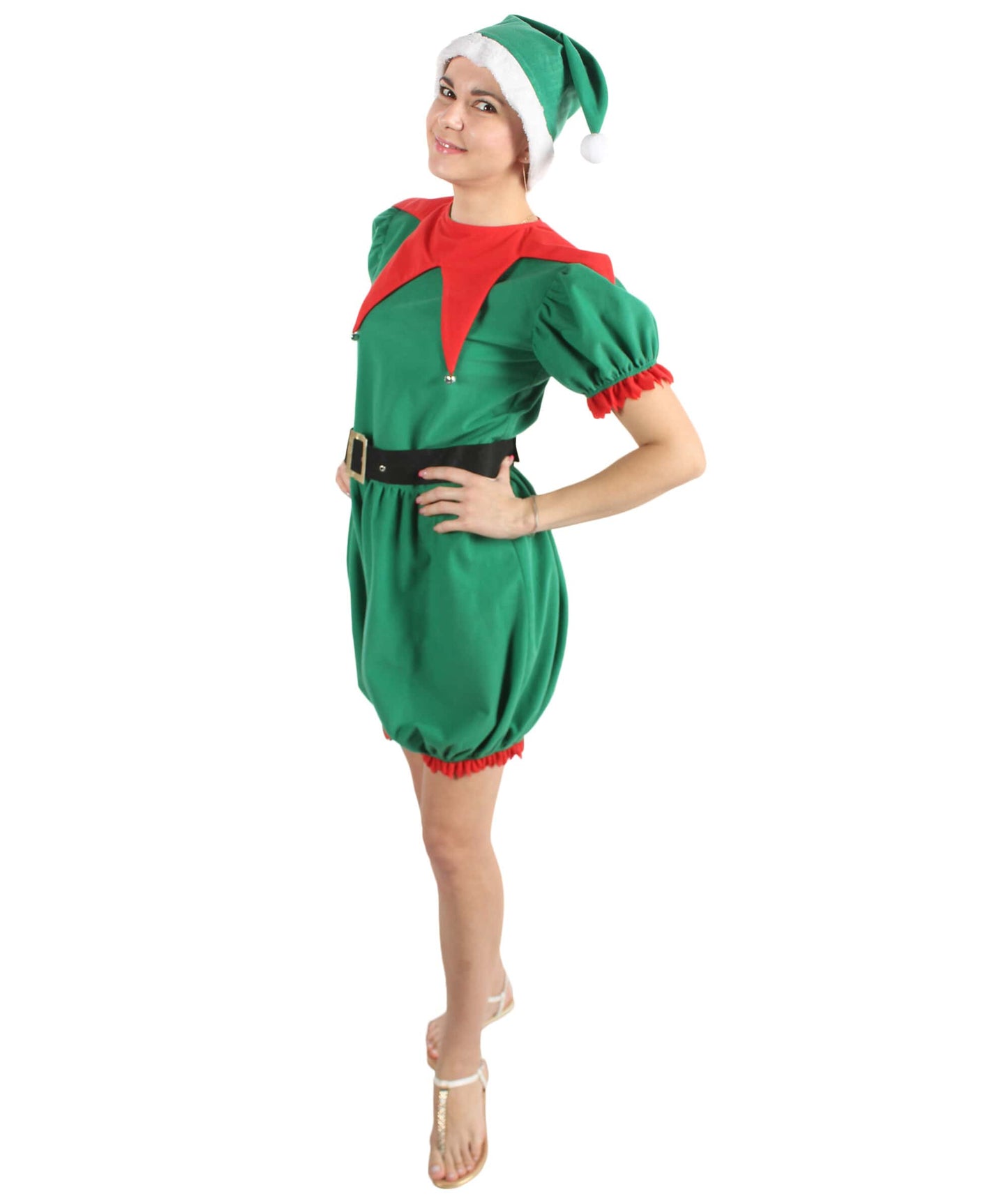 Women’s Christmas Santa Elf Costume with Green-white Hat