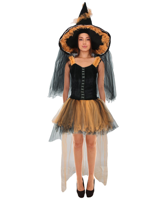 Women’s Black Orange Witch Costume with Skirt and Hat | Perfect for Halloween