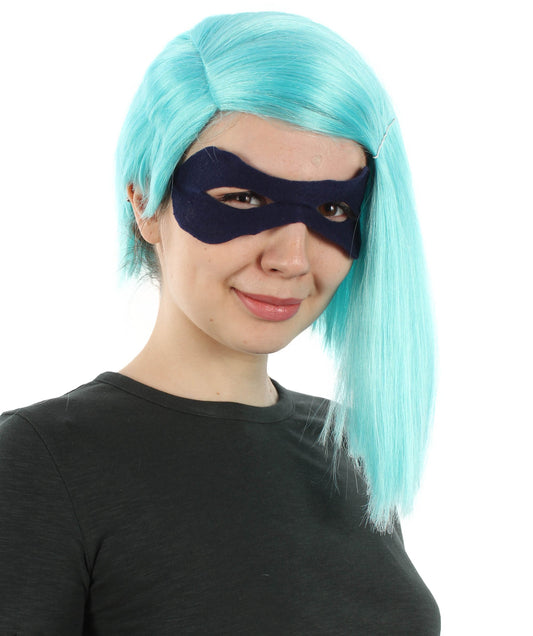 Women’s Superhero Animated Movie Shoulder-length Side-parted Turquoise Wig with Mask