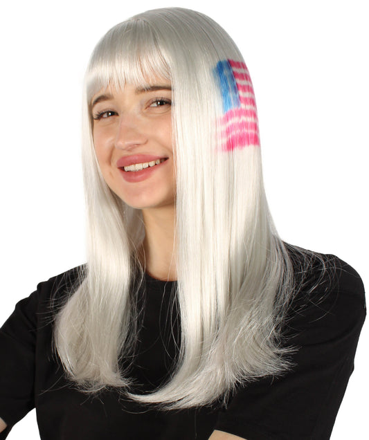Women’s Flag-themed Long Wig with Bangs for Sporting Events, Multiple Countries Option, Flame-retardant Synthetic Fiber Wig | HPO