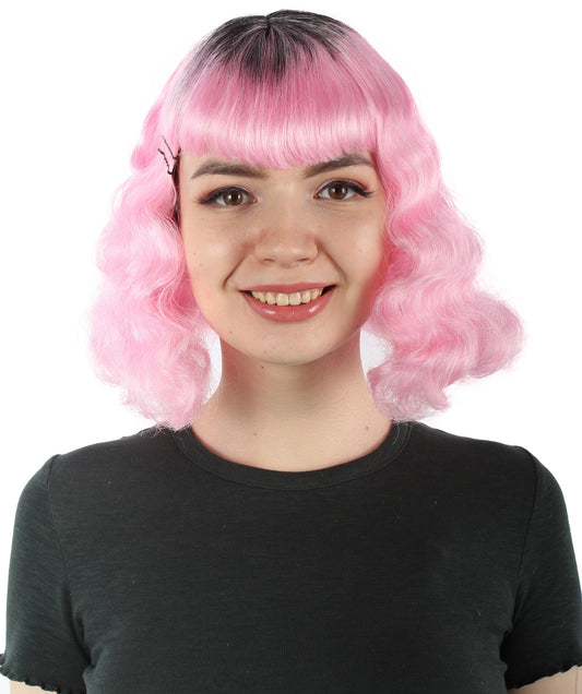 pink and black pop singer wig with bangs