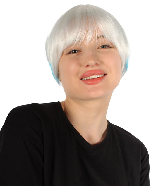 Unisex Cream White Bixie Wig with Light Blue Streak, Perfect for Halloween