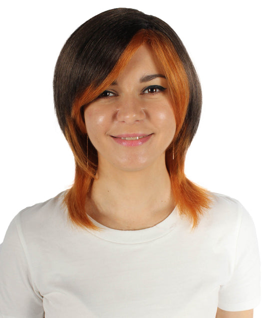 Women’s Short Black Yarn Mullet Wig with Orange Streaks