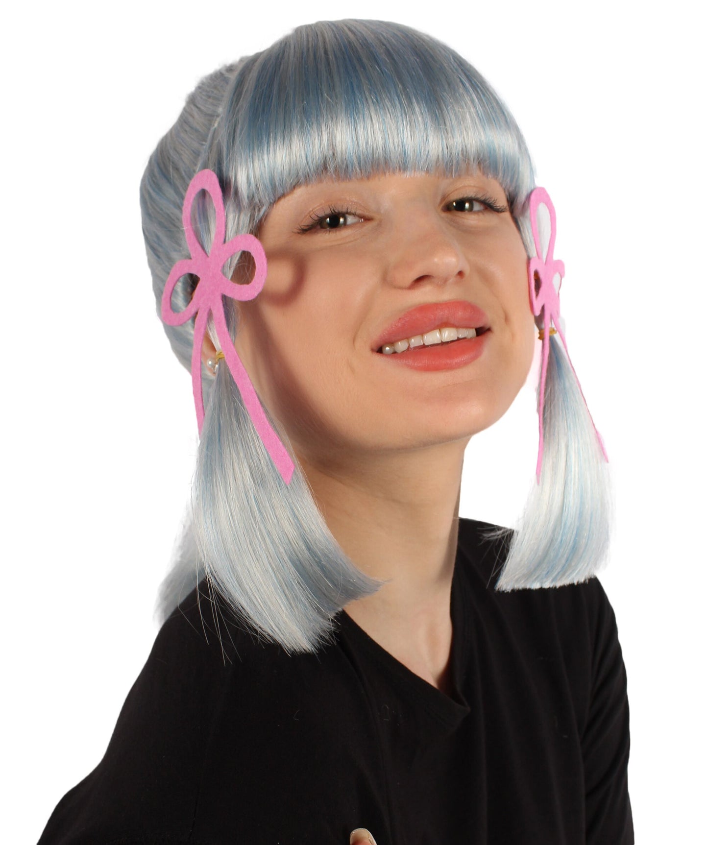 Women's Japanese Gaming Character Blue & White Fringe Bangs Ponytail Wig