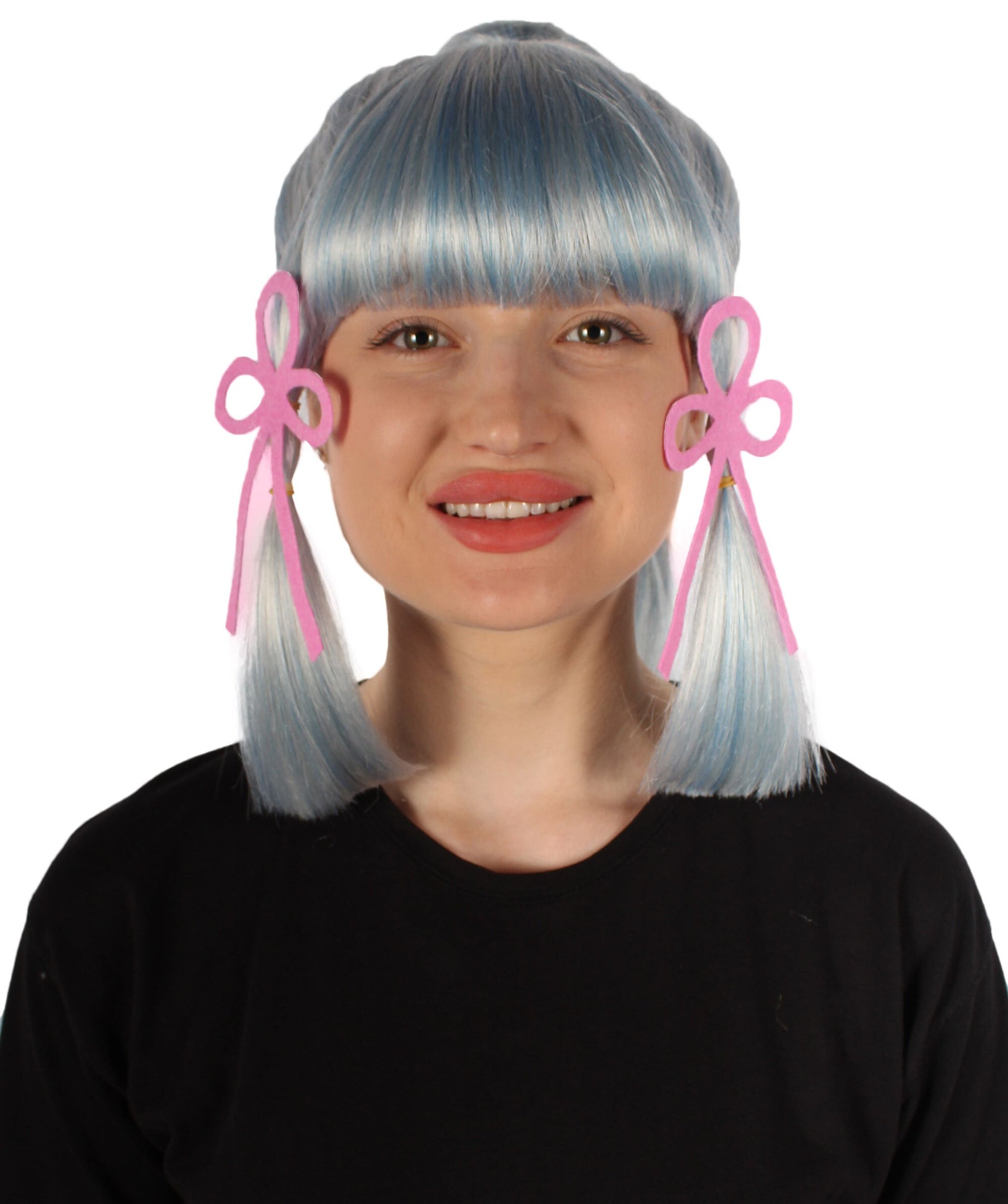 Women's Japanese Gaming Character Blue & White Fringe Bangs Ponytail Wig