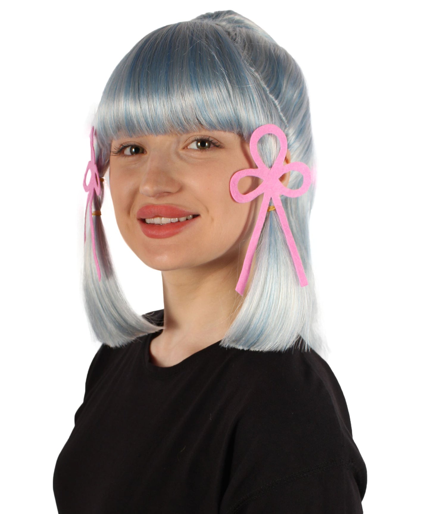 Women's Japanese Gaming Character Blue & White Fringe Bangs Ponytail Wig