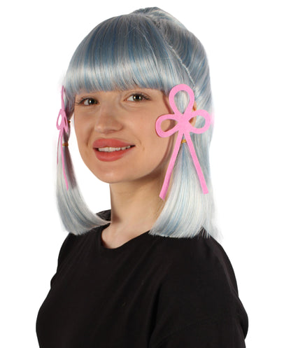 Women's Japanese Gaming Character Blue & White Fringe Bangs Ponytail Wig
