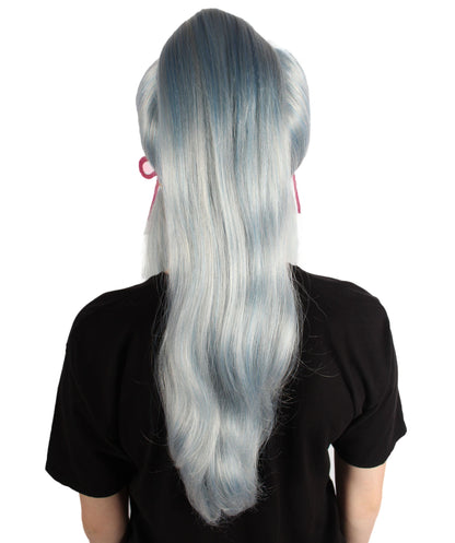 Women's Japanese Gaming Character Blue & White Fringe Bangs Ponytail Wig