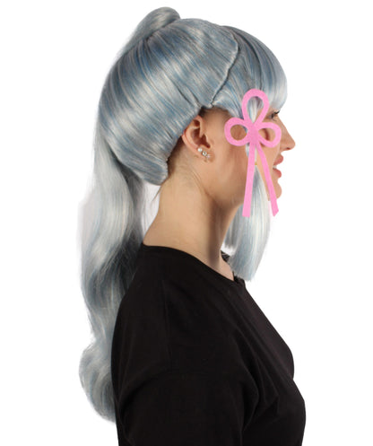 Women's Japanese Gaming Character Blue & White Fringe Bangs Ponytail Wig