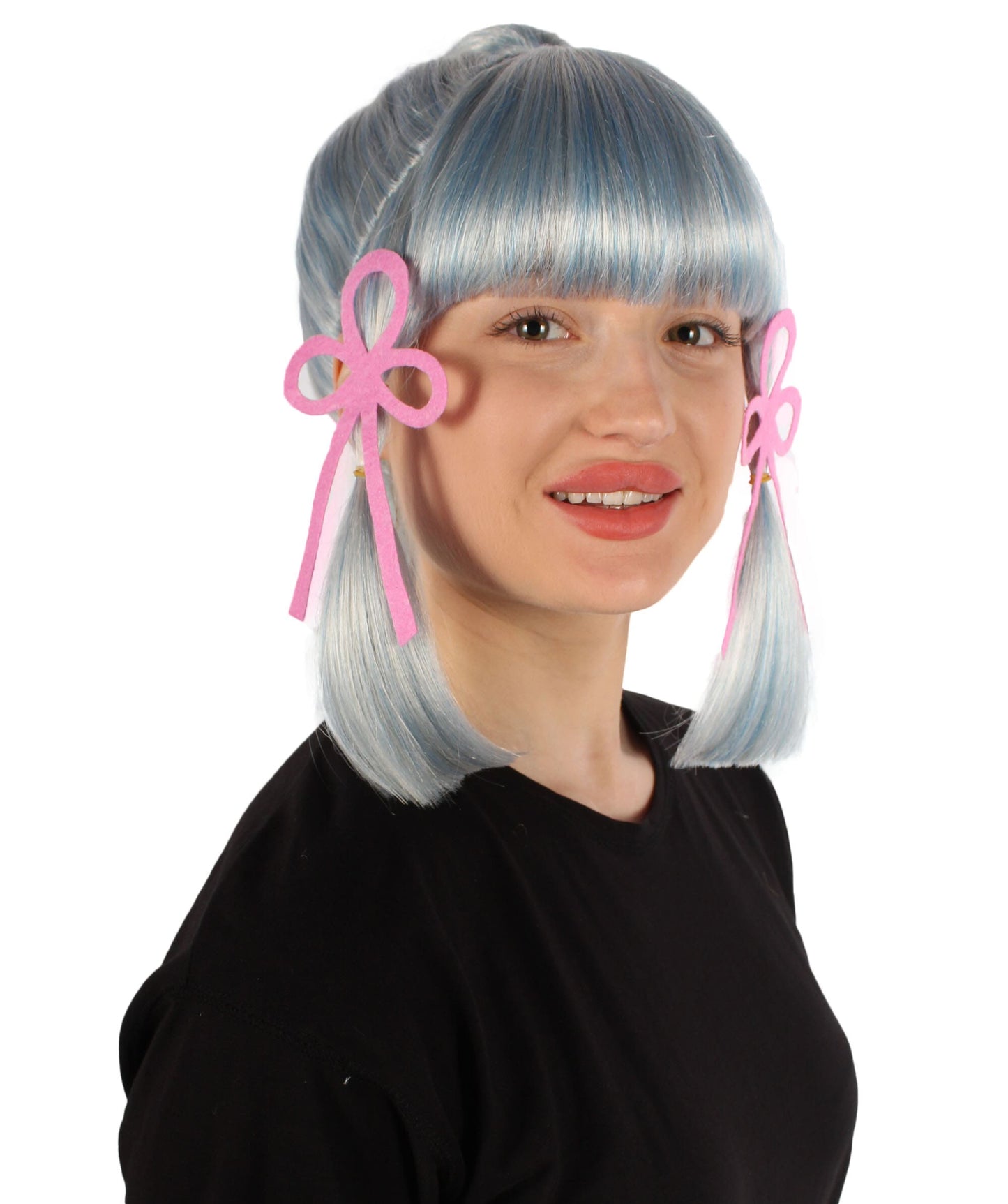 Women's Japanese Gaming Character Blue & White Fringe Bangs Ponytail Wig