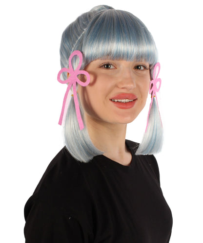Women's Japanese Gaming Character Blue & White Fringe Bangs Ponytail Wig