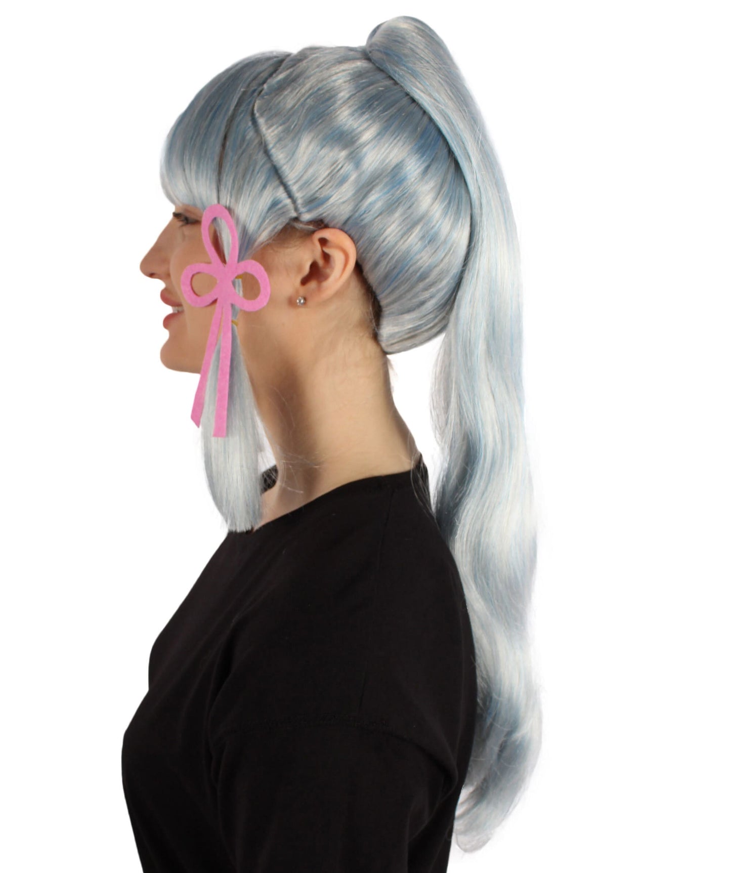 Women's Japanese Gaming Character Blue & White Fringe Bangs Ponytail Wig