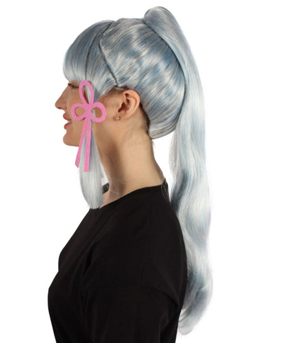 Women's Japanese Gaming Character Blue & White Fringe Bangs Ponytail Wig