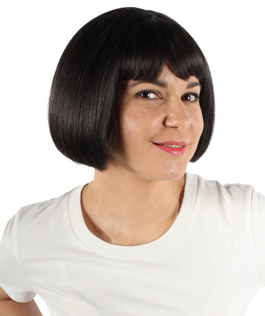 HPO  Women’s Wizard World Black Bob Wig With Bangs | Best for Halloween | Flame-retardant Synthetic Fiber