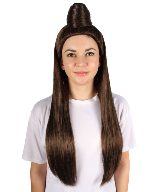 Women's American Supermodel Half Bun Brown Wig, Best for Halloween, Flame-retardant Synthetic Fiber