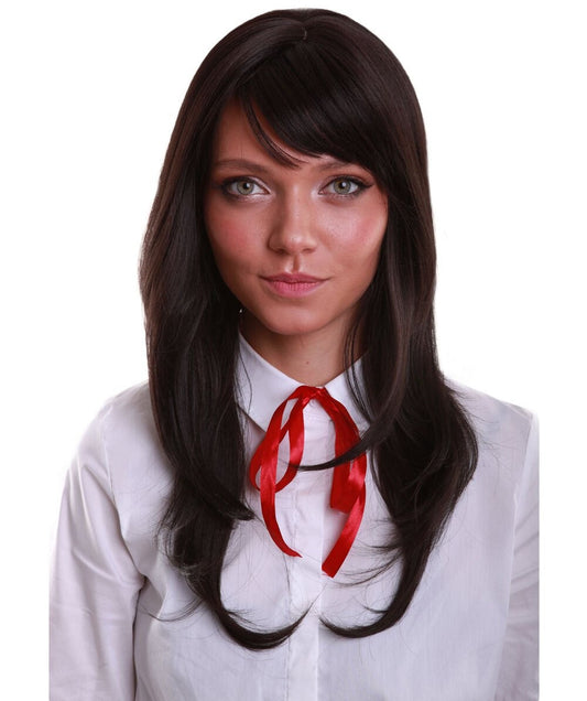 Women’s Anime-themed Dark Brown Wig with Bangs | Breathable Capless Cap | Flame-retardant Synthetic Fiber